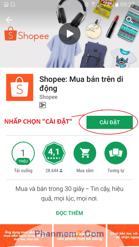 Nhận chọn ô “Cài đặt” để tải ứng dụng Shopee về điện thoại