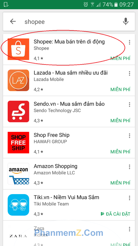 Ứng dụng Shopee ở khoanh tròn đỏ