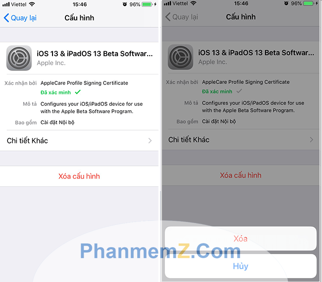 Xoá cấu hình iOS 13 bản Developer