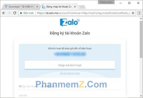 Nhập mã kích hoạt được gửi tới số điện thoại mà bạn đăng ký Zalo